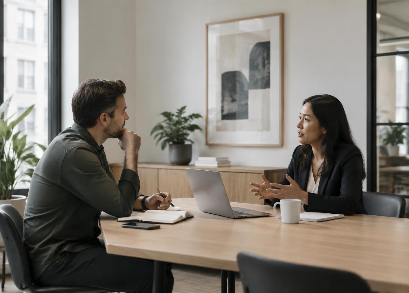 Two professionals talking across a table in a bright, minimal meeting room